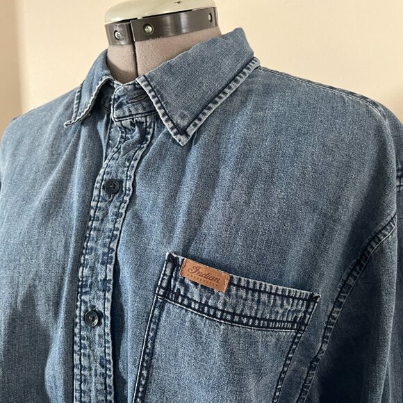 Indian Motorcycles Sz L Chambray denim Logo Printed Button Down Shirt - Picture 2 of 9